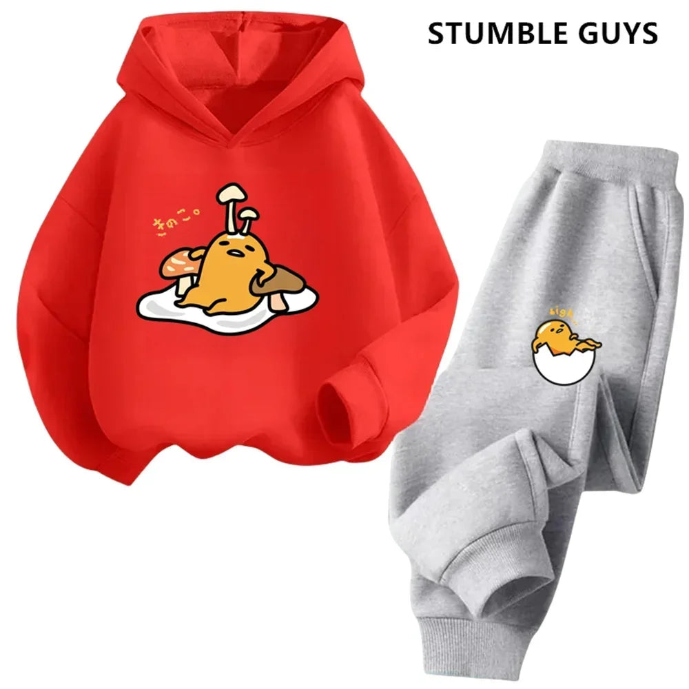 Gudetama Trucksuit Cartoon Boys and Girls 3-14 Years Old Kawaii Street Casual Sweatshirt Children's Outdoor Sports Hoodie Set