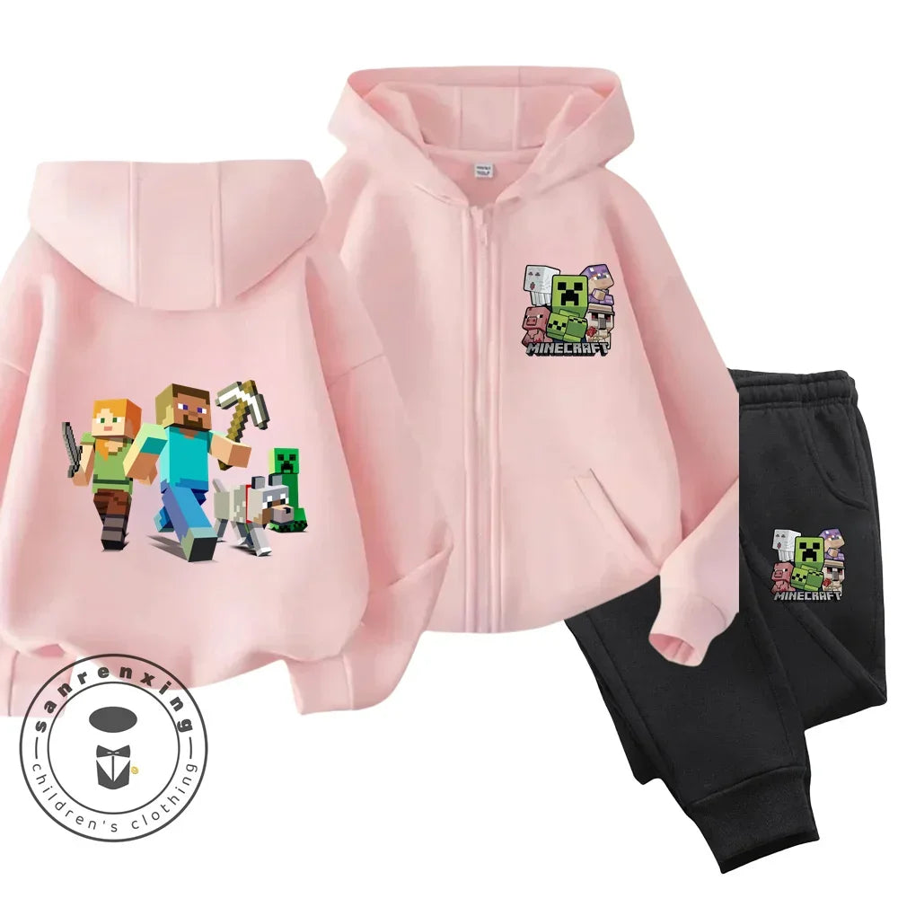 2024 New Minecraft Cherry Printed Hooded Zipper Hoodie Set for Boys and Girls Casual Top Children's Sports Comfort Set