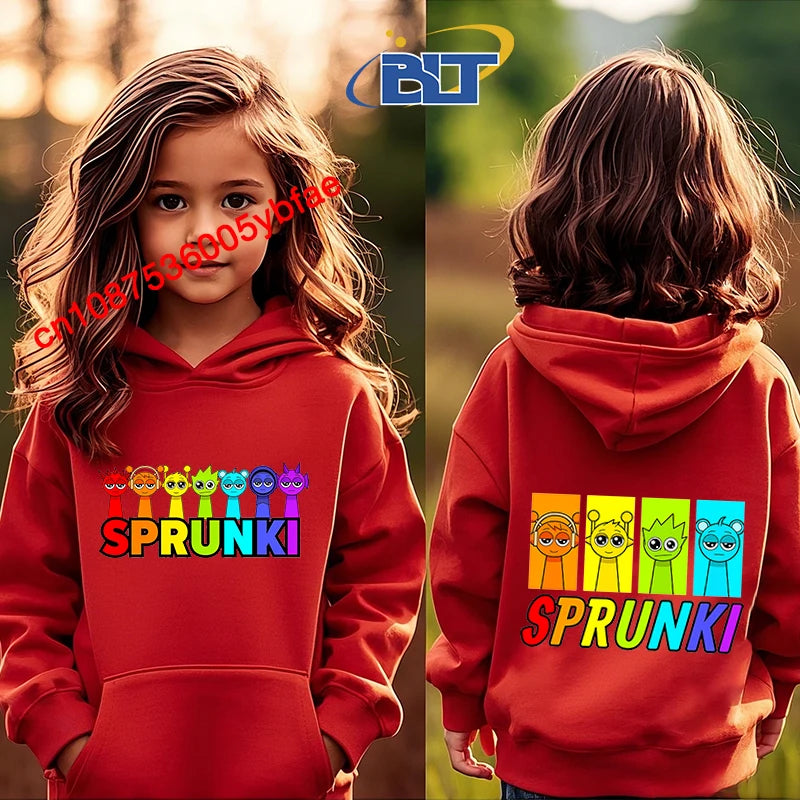 Cartoon Sprunki printed children's clothing kids hoodie red sports sweater casual tops for girls