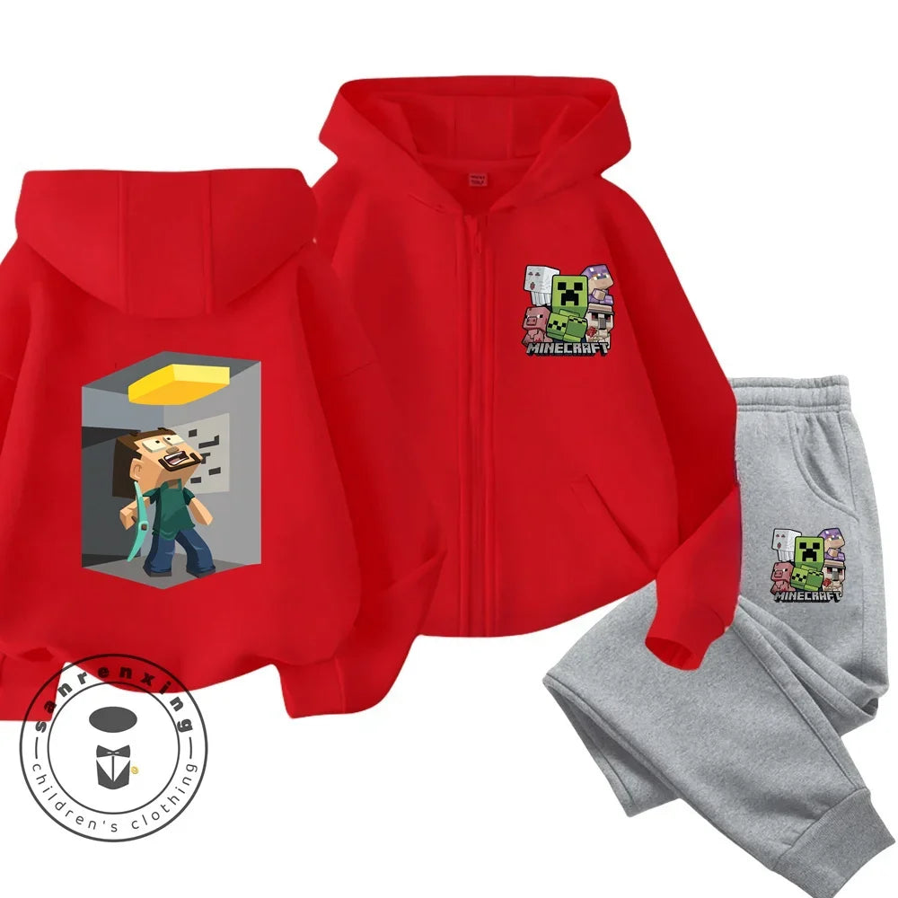 Minecraft Anime Printed Boys and Girls Hoodies Hoodies Zipper Set Casual Sports Fashion Top Pants 3-14 Years Old