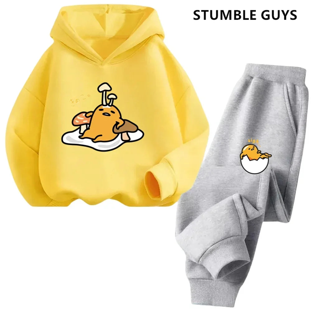 Gudetama Trucksuit Cartoon Boys and Girls 3-14 Years Old Kawaii Street Casual Sweatshirt Children's Outdoor Sports Hoodie Set