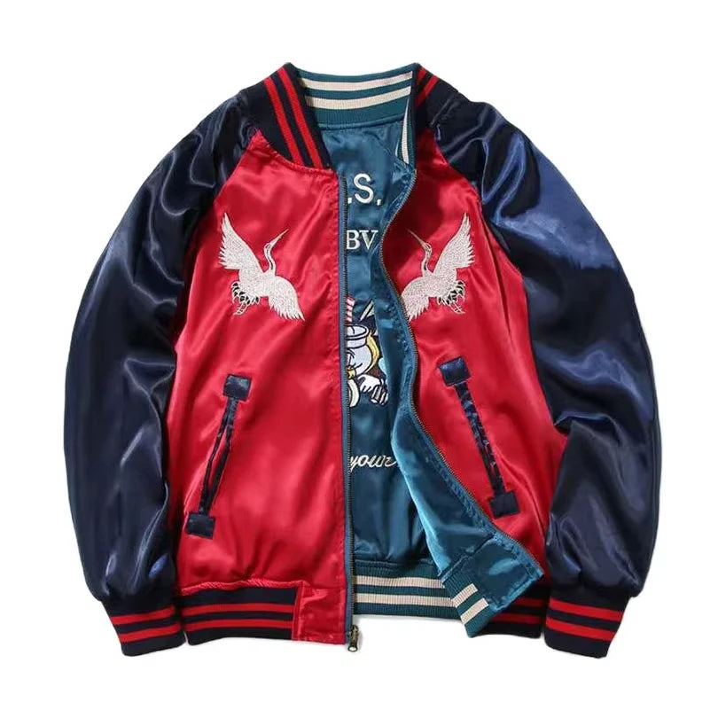 Satin Bomber Jacket Women Men Sukajan Crane Embroidery Coat Hiphop Boys Harajuku Clothing 2025 Autumn Spring