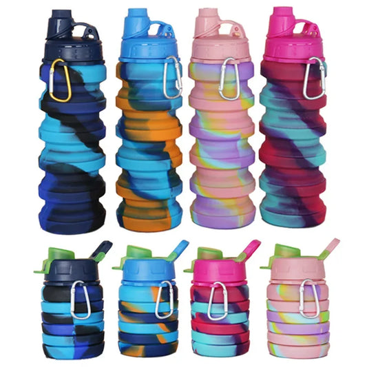 Outdoor Sports Silicone Foldable Water Bottle For Camouflage Creative Travel Reusable Leakproof Water Bottle With Carabiner