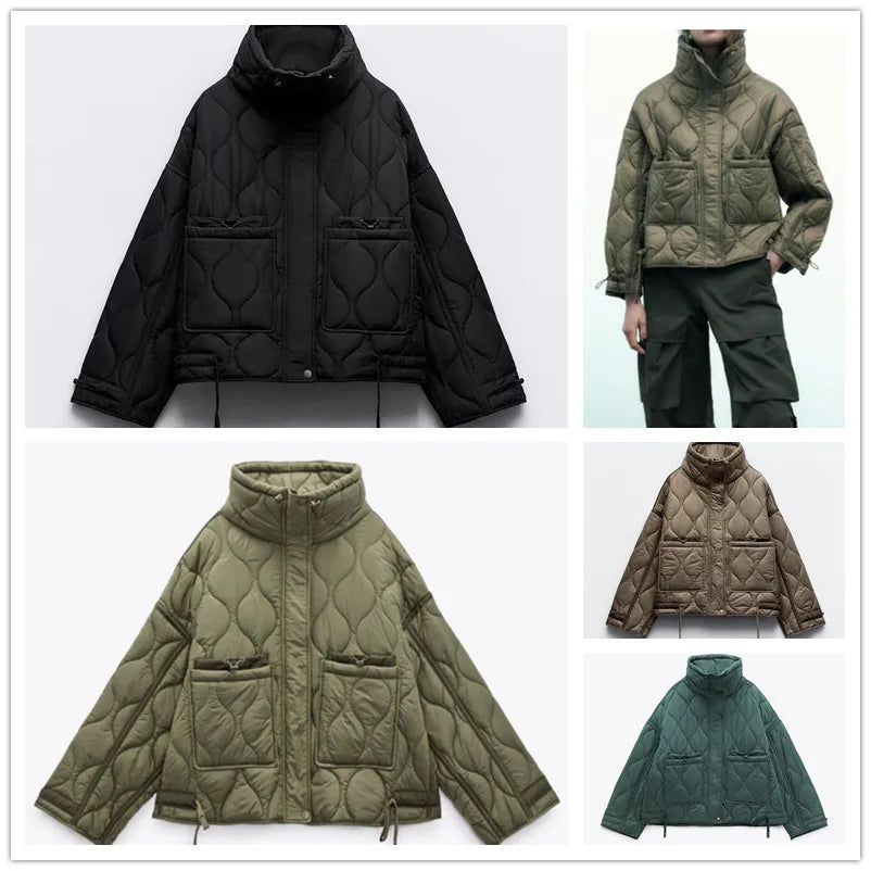 ETJ23traf new quilted cotton coat women's large pocket decorative stand collar drawstring adjustable clip cotton coat