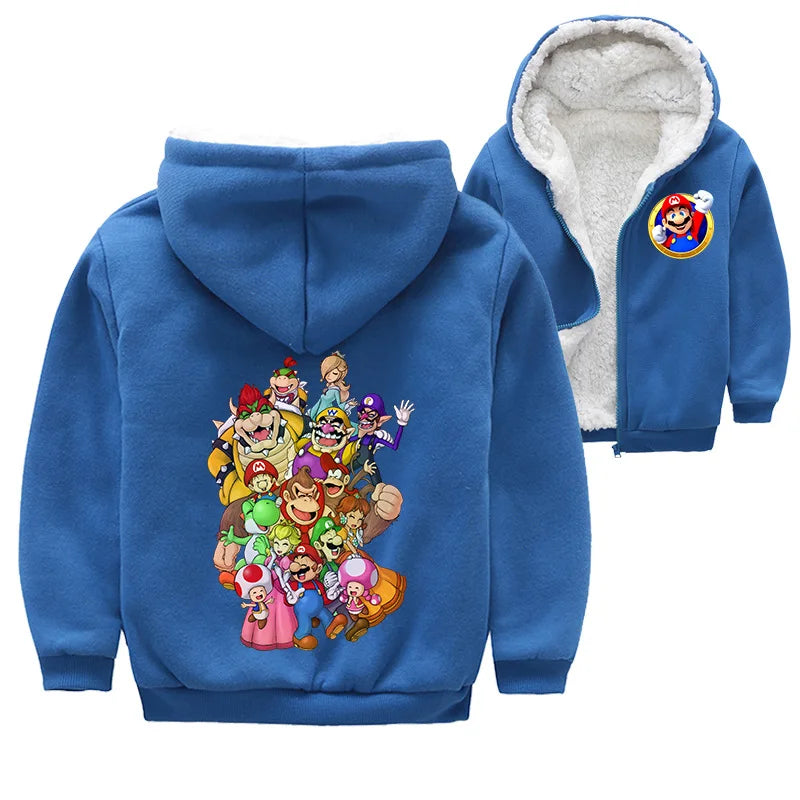 Mario Game Anime Peripheral Children's Clothing Warm Jacket Thickened Velvet Hooded Zipper Cardigan Coral Velvet Winter Coat