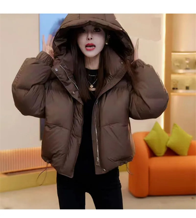 Wear a High-grade Cotton-padded Jacket For Women In Autumn Winter 2024 Solid Color Oxygen Hooded Female Coat With Overcoat