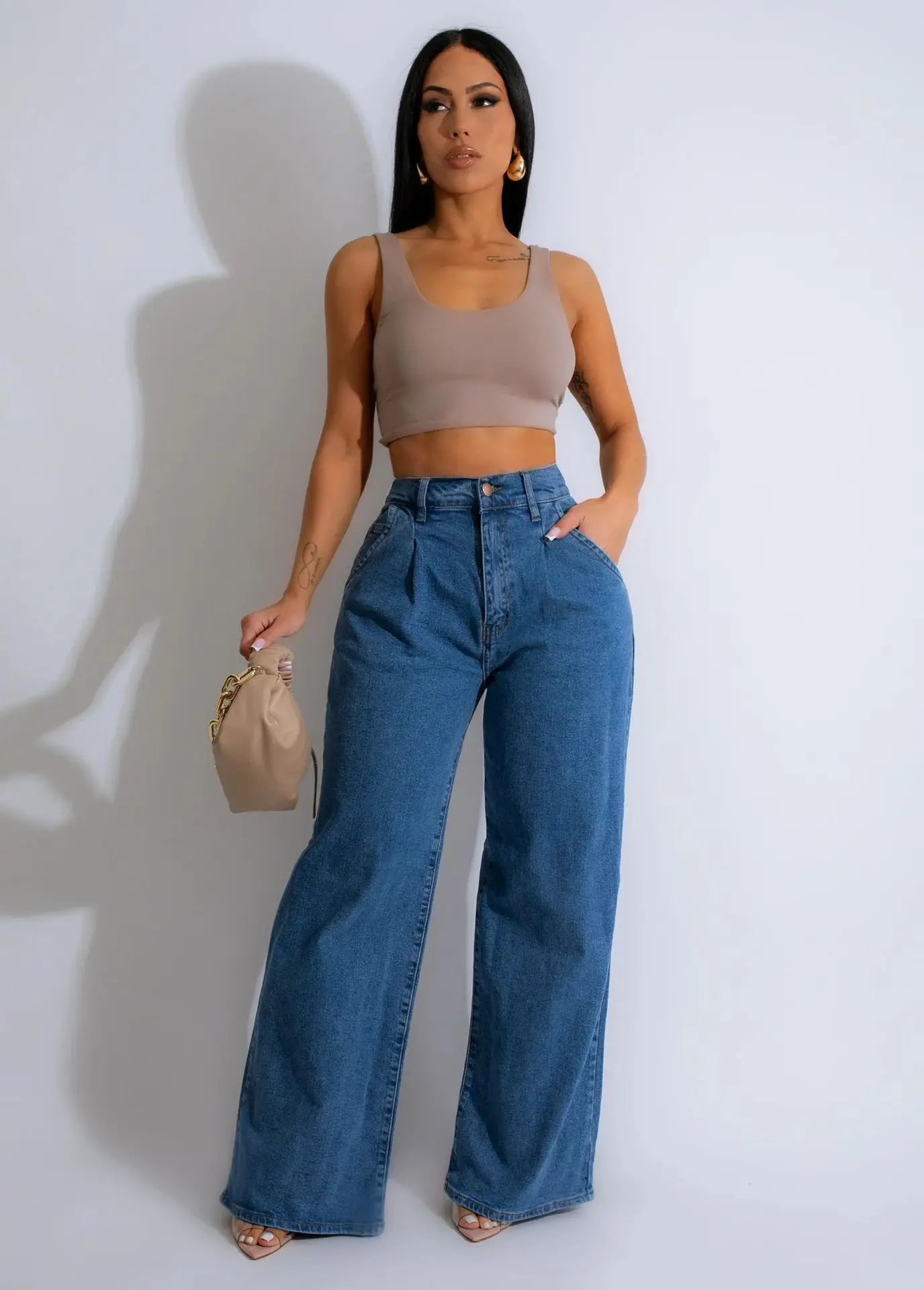 Jeans Women Long Pants Denim Wide Leg Pant Slim Fit Casual Y2k Streetwear Button Pocket High Waist Elegant Straight Trousers