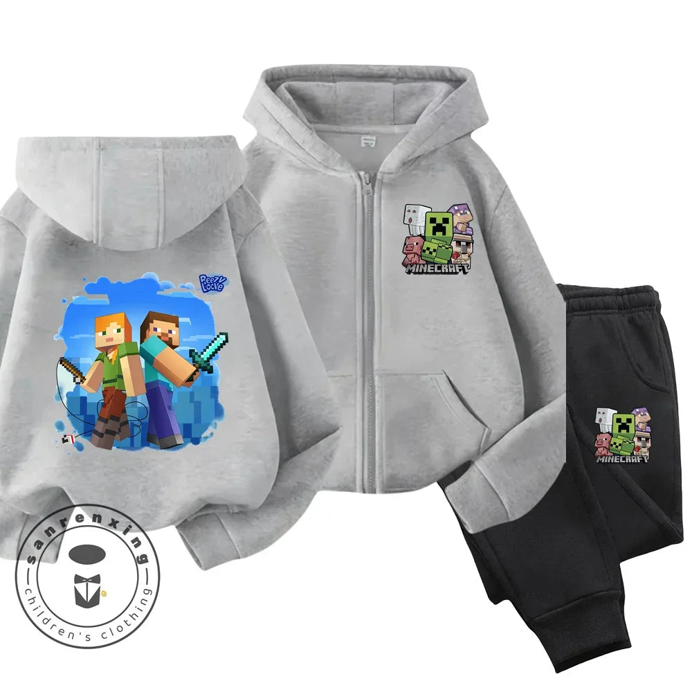 Melody Anime Printed Boy's and Girl's Minecraft Hoodies Zipper Set Casual Sports Fashion Top,Pants for Ages 3-14