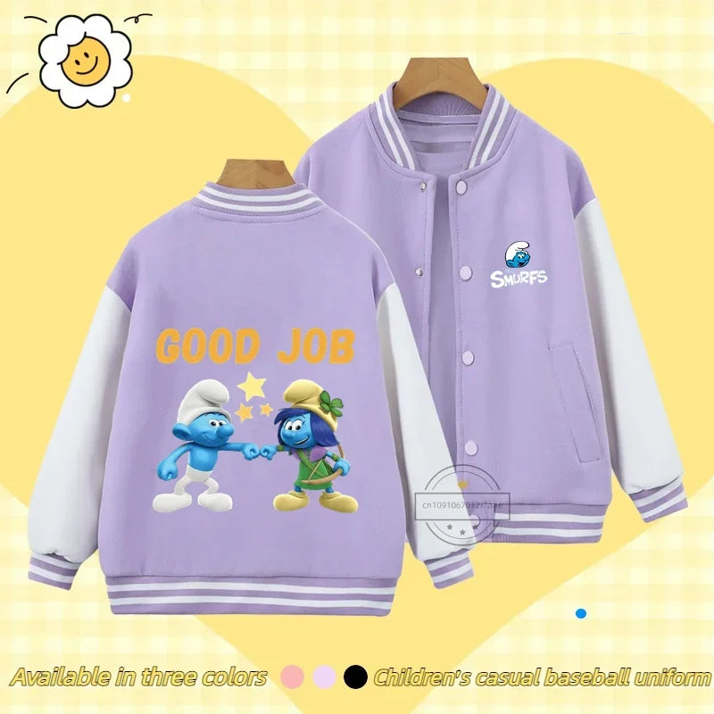 Smurfs Anime Men and Women's Casual Fashion Sports Baseball Jacket Cardigan Sweatshirt Jacket 3-14 Years Old Autumn