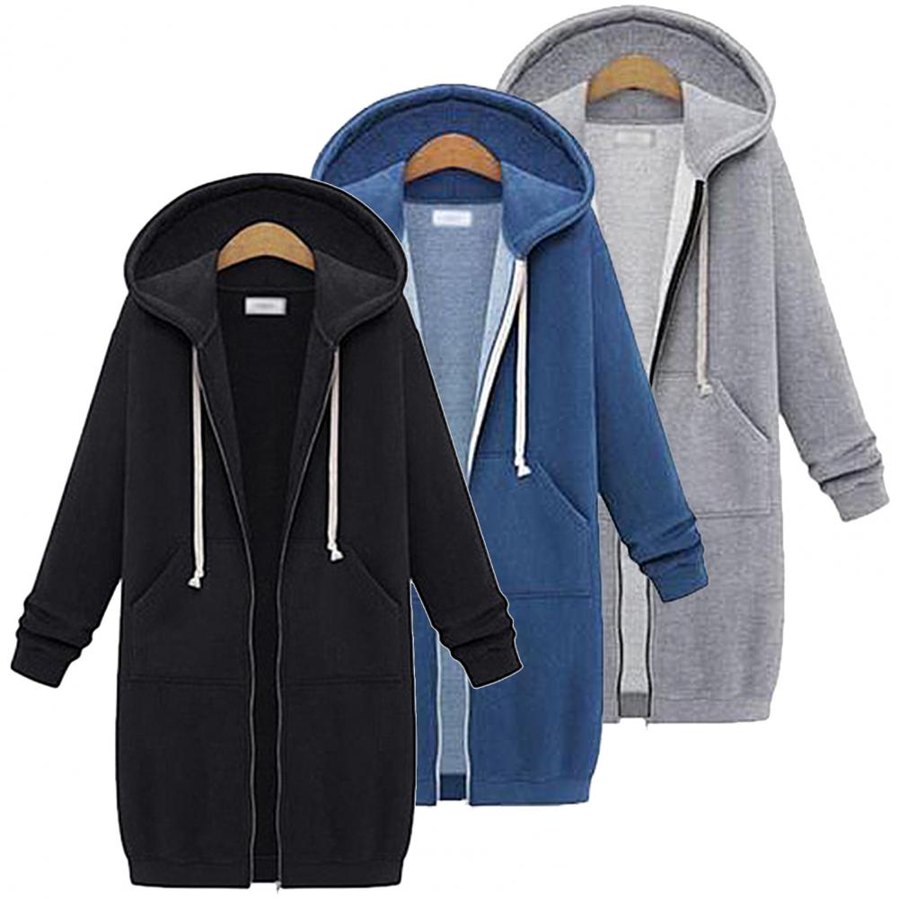 Solid Color Side Pockets Jacket Hoodie Long Sleeve Zipper Closure Drawstring Hooded Sweatshirt Ladies Clothing