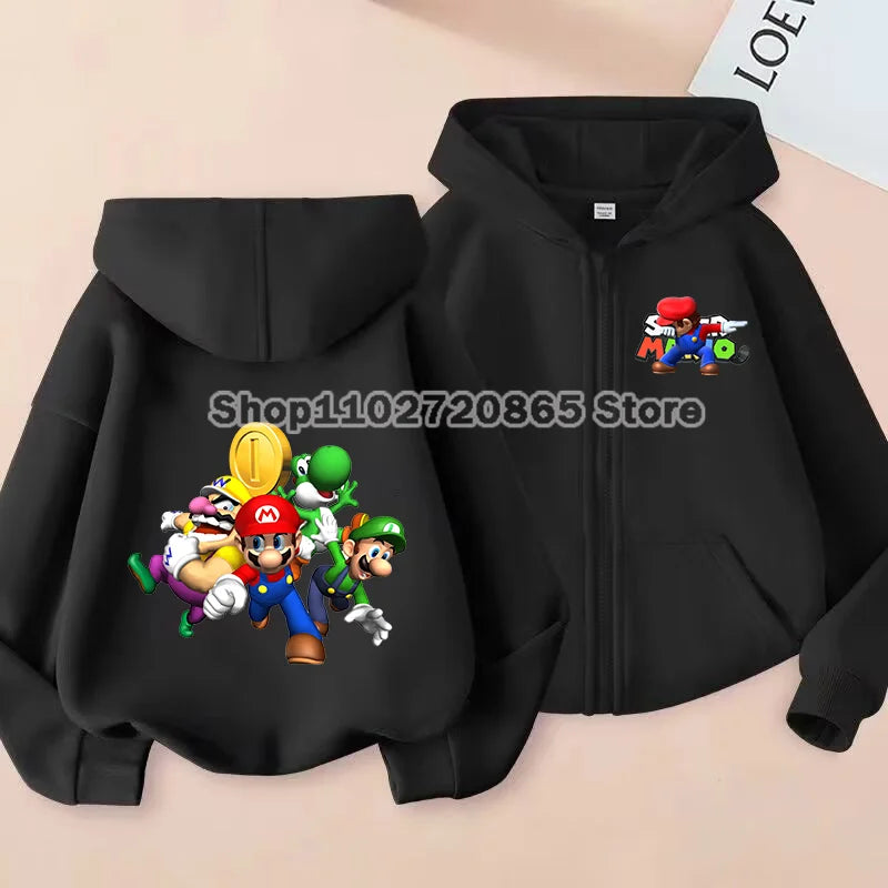 Super Mario Coat Cute Cartoon Game Cardigan Boys Girls Spring Autumn Thin Fashion Harajuku Hooded Zipper Sweatshirt Kids Gift