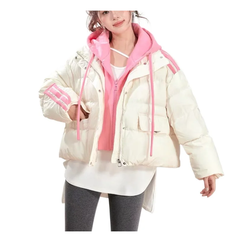 Female Casual Loose Down Jacket 90 White Duck Down Thickened Fake Two-Piece Jacket Warm Bread Clothing, Buttons, Fall and Winter