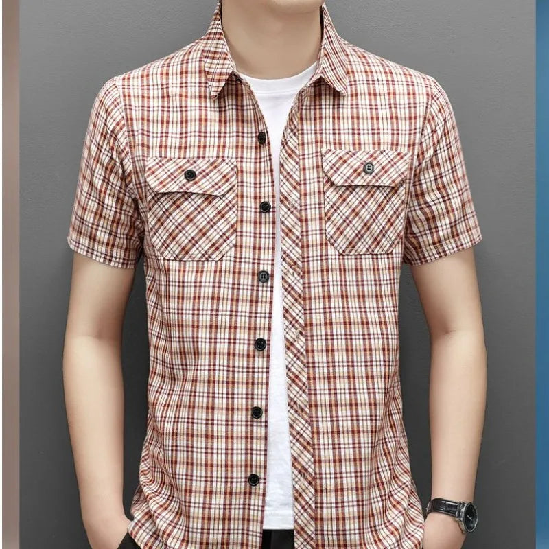 Summer Cotton Men's New in Shirt Slim Fit Plaid Striped Fashion Vintage Tops