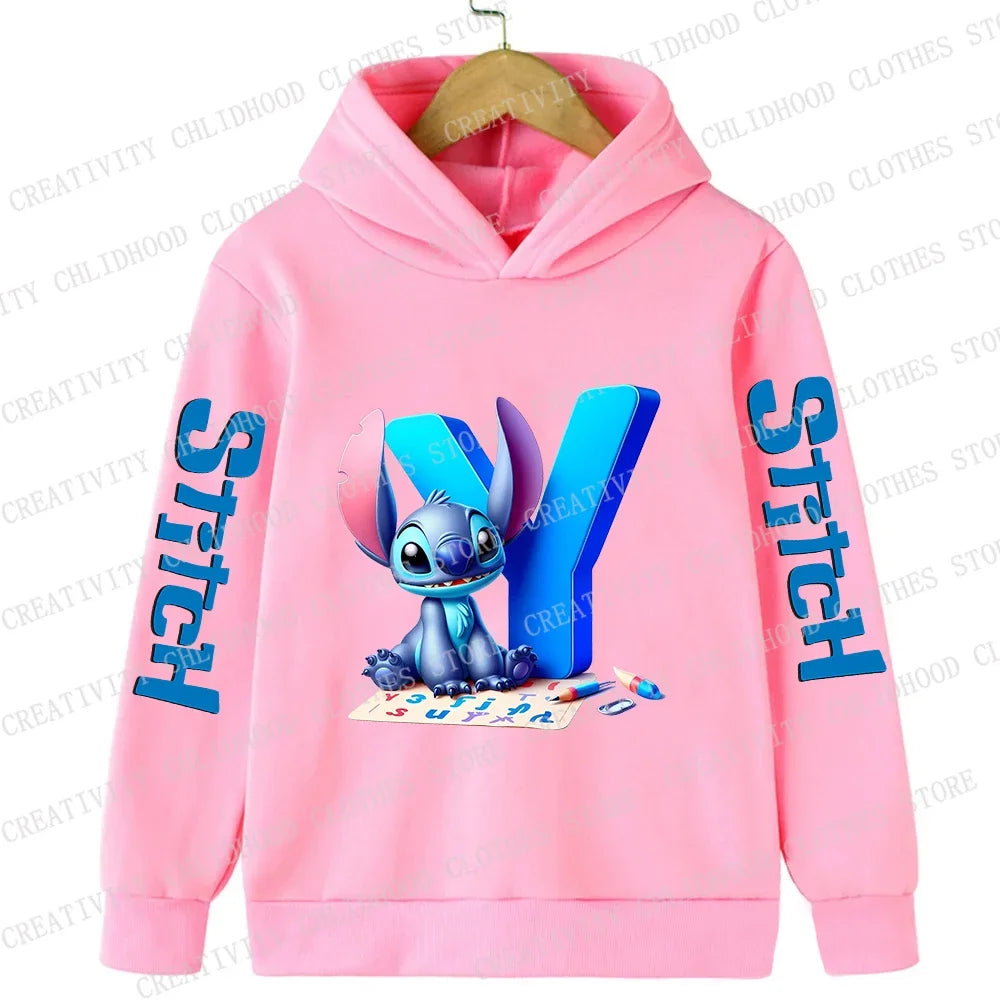 Stitch Children Hoodies 26 English Letters ABCD Kids Winter Pullover Casual Clothes Kid Girl Boy Cartoon Kawaii Tops Sweatshirts