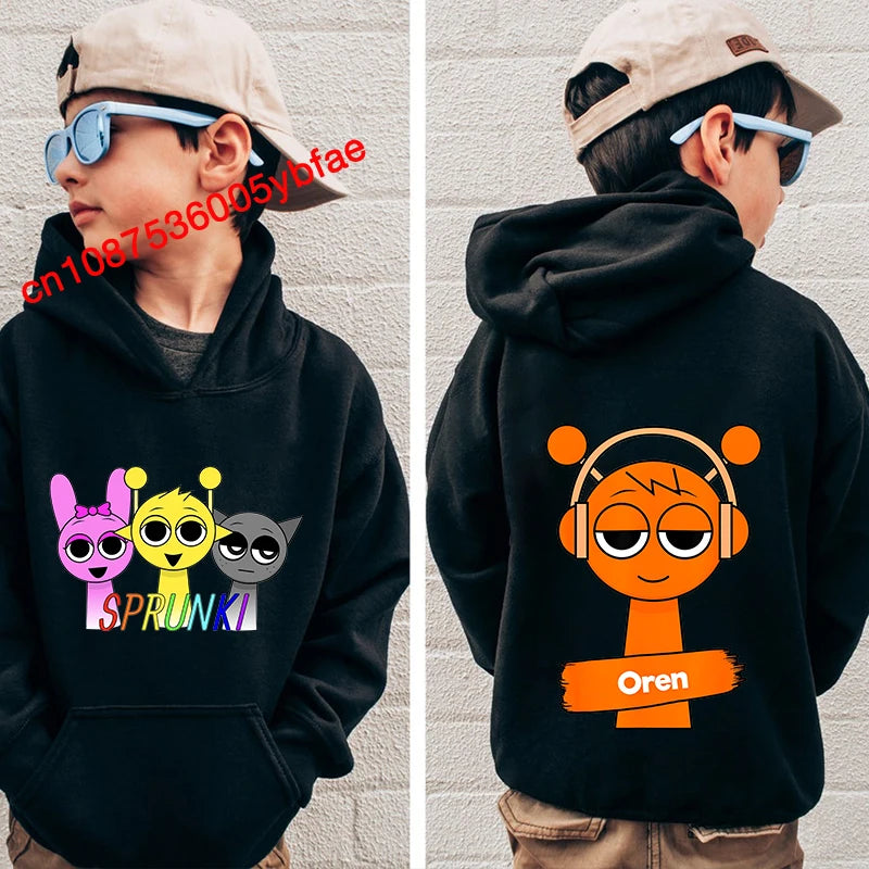 Cartoon Sprunki print kids hoodie black sports sweater casual children's clothing for boys