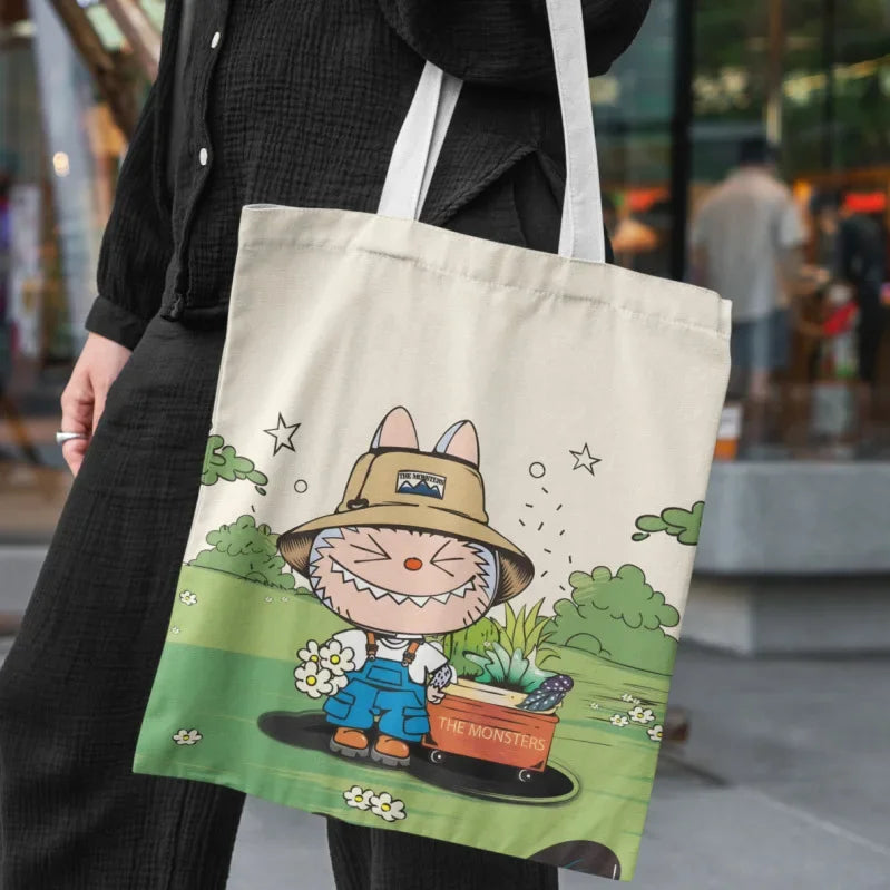 Lisa Same Labubu Canvas Bag Female Cute Cartoon Shopping HandBag College Casual Shoulder Anime Tote Bag For Women FJ07B