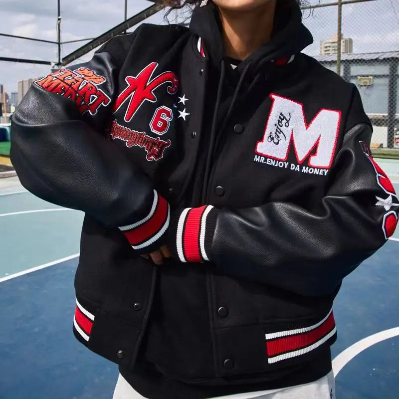 VIntage Collage Varsity Jackets Men Bomber Jacket Embroidery Oversized Women Baseball Coat Spliced PU Sleeves unisex clothing