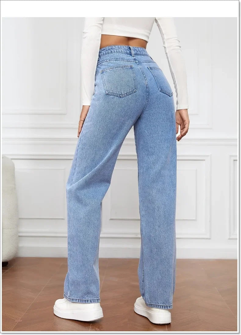 Denim Jeans Women Straight Pants Washing High Waist Loose Pockets Basics Ankle Length Y2k Blue Pants Streetwear Slight Strech