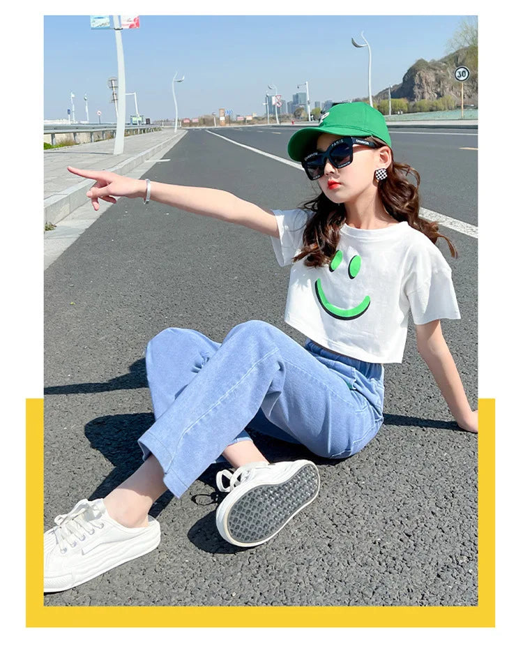 2PCS 2023 Summer teens Girls Clothes Sets Outfits Kids crop top T-shirt + demin Pants jeans Child tracksuit 6 8 10 12 14 Year