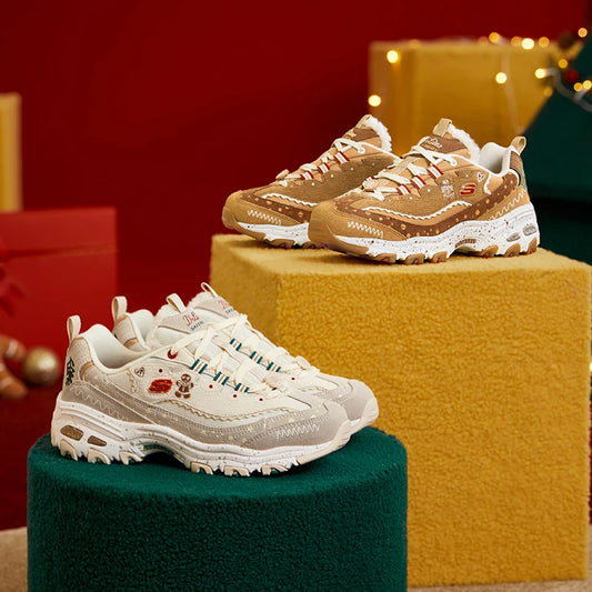 Skechers Shoes for Women "D'LITES 1.0" Dad Shoes, Retro Christmas Gingerbread Shoes Cashmere Panda Chunky Sneakers