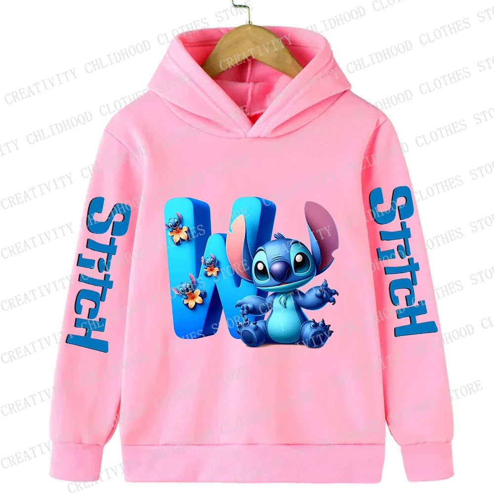 Stitch Children Hoodies 26 English Letters ABCD Kids Winter Pullover Casual Clothes Kid Girl Boy Cartoon Kawaii Tops Sweatshirts