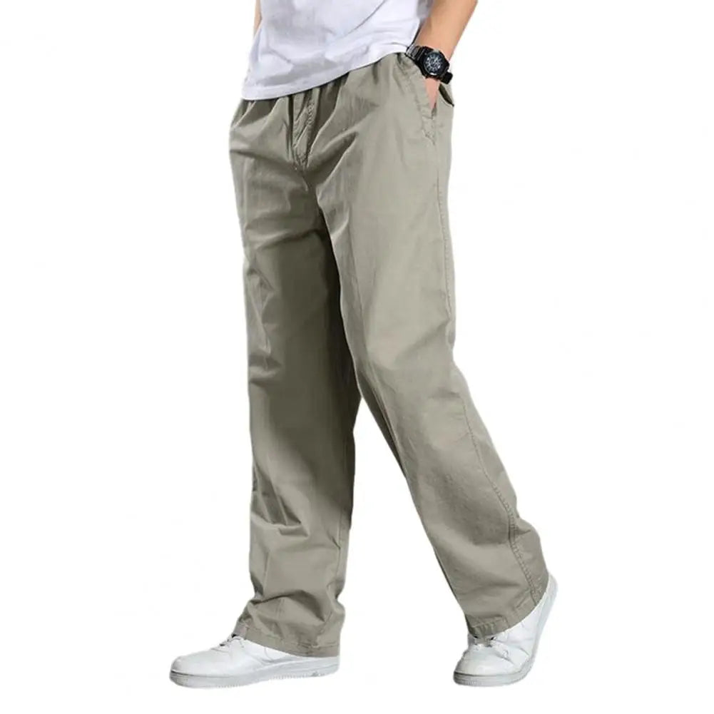 Men Cargo Pants Spring Fall Elastic Waist Drawstring Casual Pants Loose Large Pocket Male Straight Wide Leg Trousers