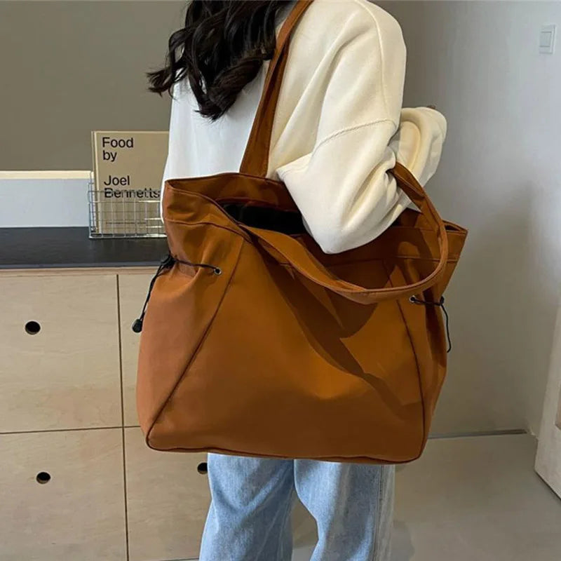 Brown Tote Bag College Casual Shoulder Bags Aesthetic Fashion Woman  Large Nylon Travel With Zipper Shopping For University