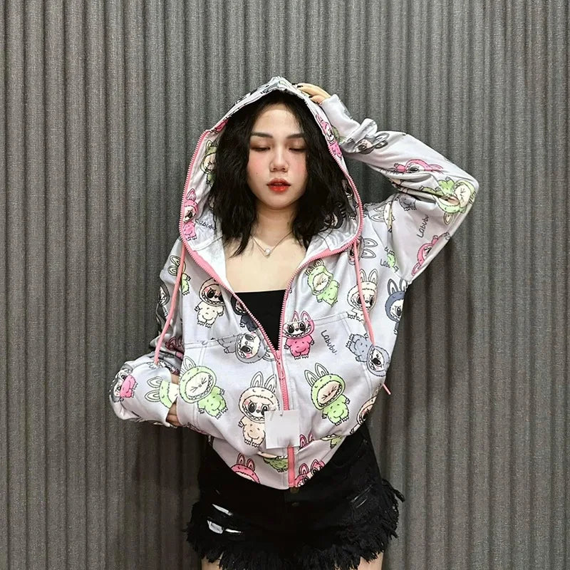 LABUBU Cartoon Hoodie Anime Print Hooded Sweatshirt Kawaii Cute Cardigan Loose Long Sleeved Jacket Thin Top Ins Clothing Gift