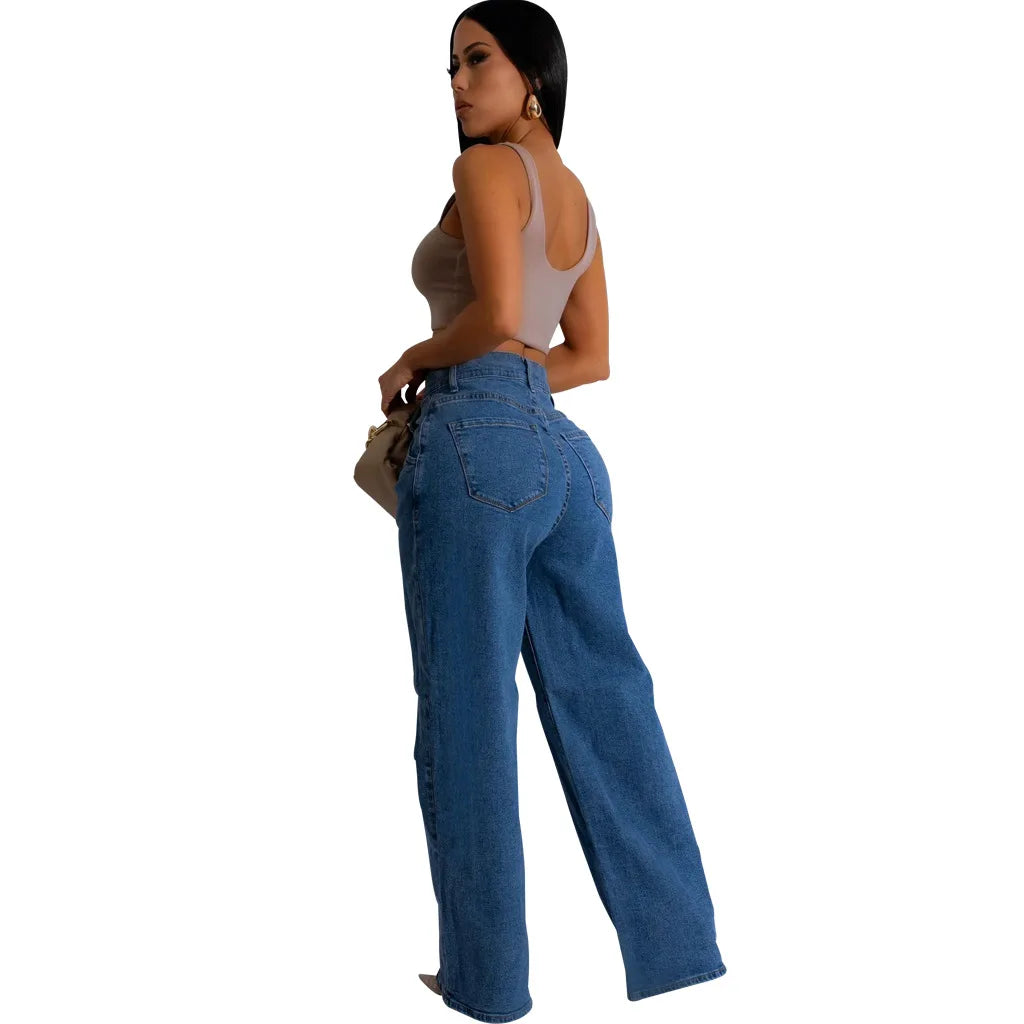 Jeans Women Long Pants Denim Wide Leg Pant Slim Fit Casual Y2k Streetwear Button Pocket High Waist Elegant Straight Trousers