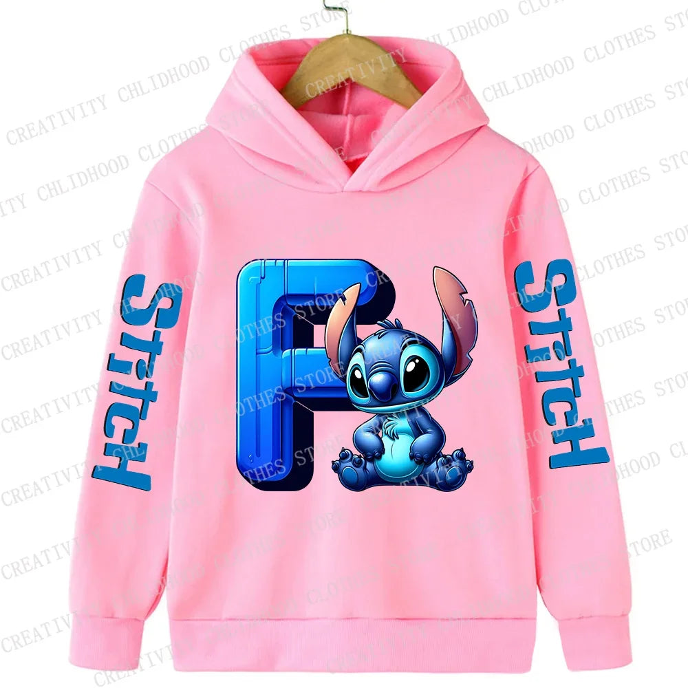 Stitch Children Hoodies 26 English Letters ABCD Kids Winter Pullover Casual Clothes Kid Girl Boy Cartoon Kawaii Tops Sweatshirts