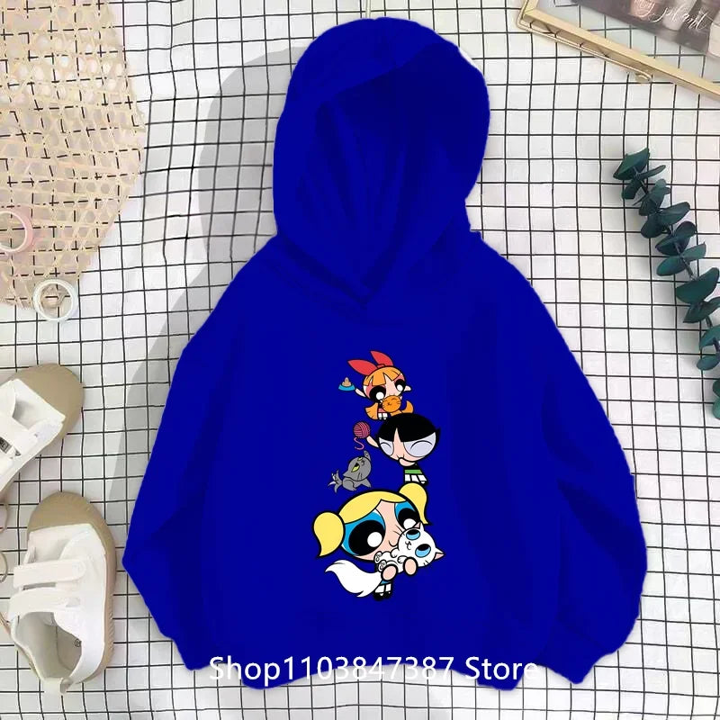 Kawaii Anime Powerpuff Cute Girls Hoodie Sweatshirt boy girl Spring Autumn Pullovers Harajujku Powerpuff Kids Anime Clothes