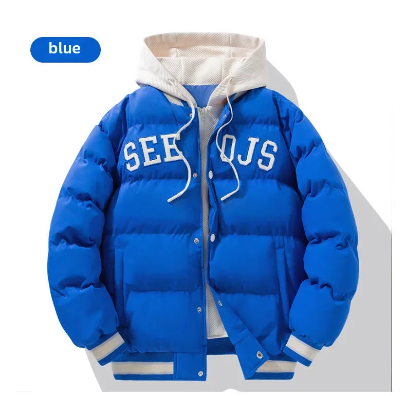 Winter New Men's Hooded Cotton Coat Jacket Warm Cotton-padded Casual Trendy Two-piece Illusion Padded Jacket Top For Youth