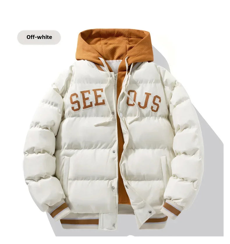 Winter New Men's Hooded Cotton Coat Jacket Warm Cotton-padded Casual Trendy Two-piece Illusion Padded Jacket Top For Youth