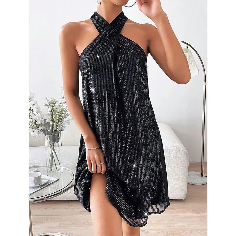 2024 New Casual Loose Skinny Off Shoulder Sexy Sequins Mini Dress for Ladies