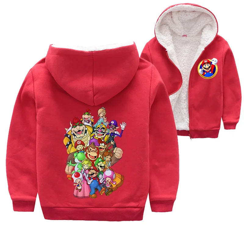 Mario Game Anime Peripheral Children's Clothing Warm Jacket Thickened Velvet Hooded Zipper Cardigan Coral Velvet Winter Coat