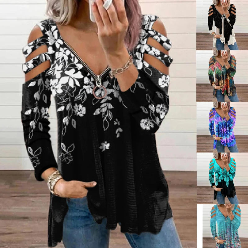 Cold Shoulder T-shirt Ladies Long Sleeve Blouse Tunic Tops High Quality Clothing