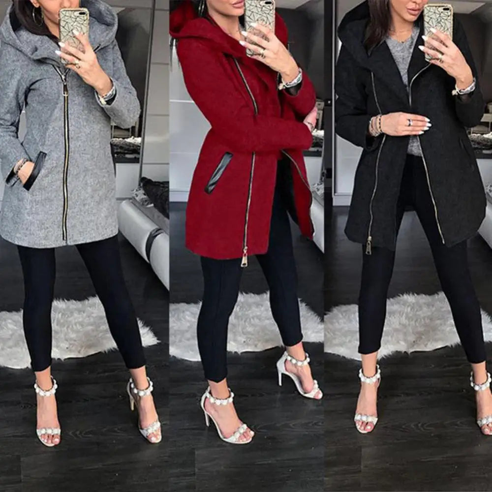 Women Fashion Solid Color Thicken Wadded Hooded Coat Zipper Midi Jacket Outwear Loose Outerwear Chic Tops