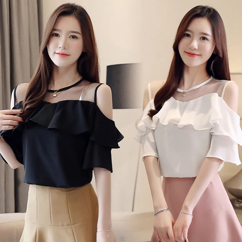 Mesh Chiffon Blouse Summer Short Sleeve Ruffles Tops Sexy Off Shoulder Shirt