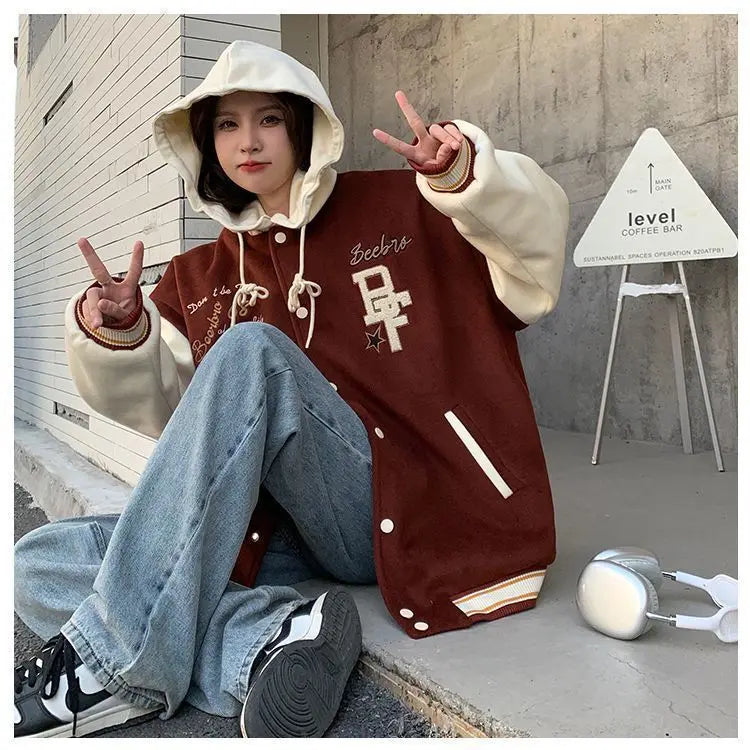 American Retro Preppy Style Baseball Jacket Plush Thick Blazers Women Autumn Winter New Student Harajuku Cardigans Hooded Coat