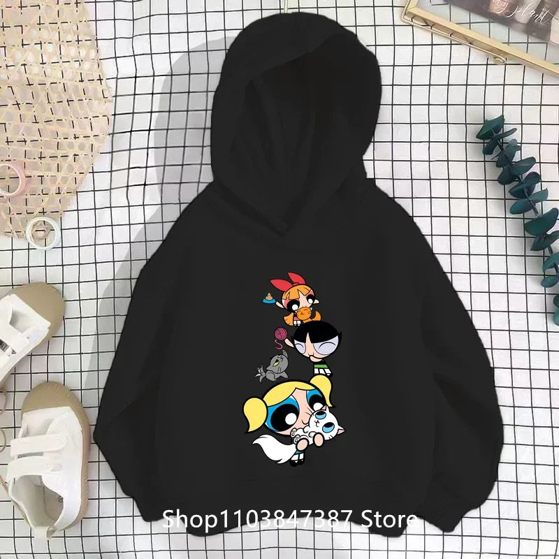 Kawaii Anime Powerpuff Cute Girls Hoodie Sweatshirt boy girl Spring Autumn Pullovers Harajujku Powerpuff Kids Anime Clothes