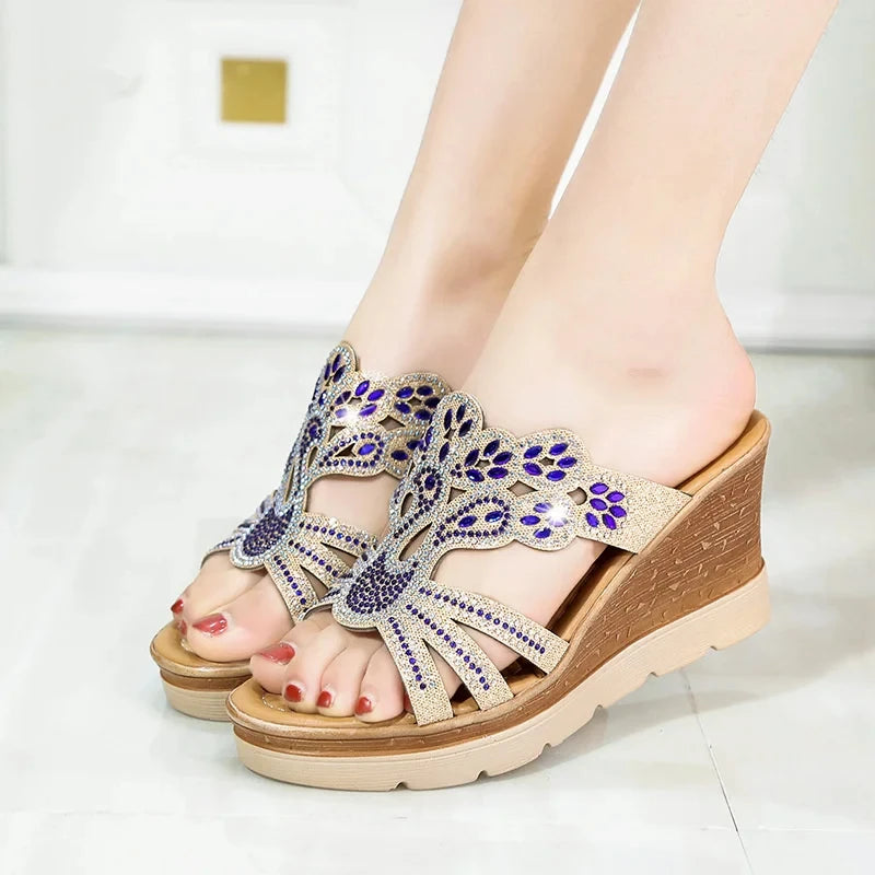 Women Round Toe Wedges Heel Casual Party Rhinestones Sandals