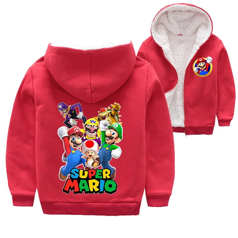 Mario Game Anime Peripheral Children's Clothing Warm Jacket Thickened Velvet Hooded Zipper Cardigan Coral Velvet Winter Coat