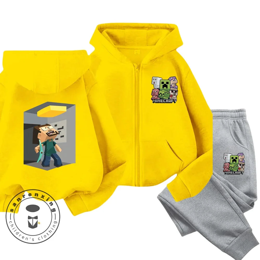 Minecraft Anime Printed Boys and Girls Hoodies Hoodies Zipper Set Casual Sports Fashion Top Pants 3-14 Years Old