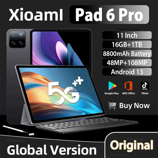 Global Version Original Pad 6 Pro Tablet 11inch HD 4K Android 13 16GB+1T 8800mAh 5G Dual SIM Phone Call WIFI Mi Tablet PC 2024