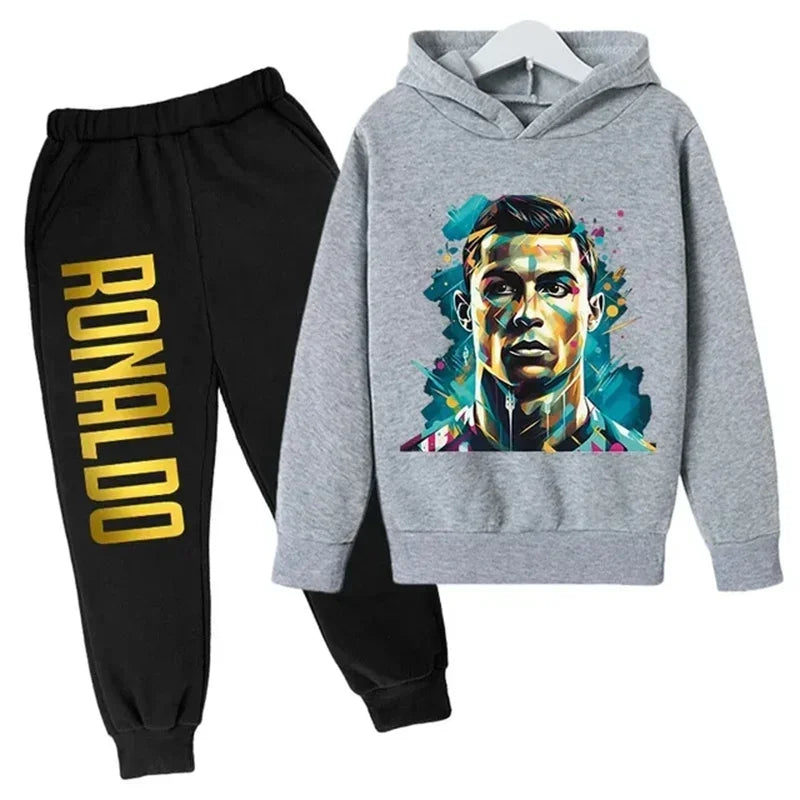 Ronaldo printed children's hoodie set autumn and winter fleece hooded pants two-piece sports casual children's clothing