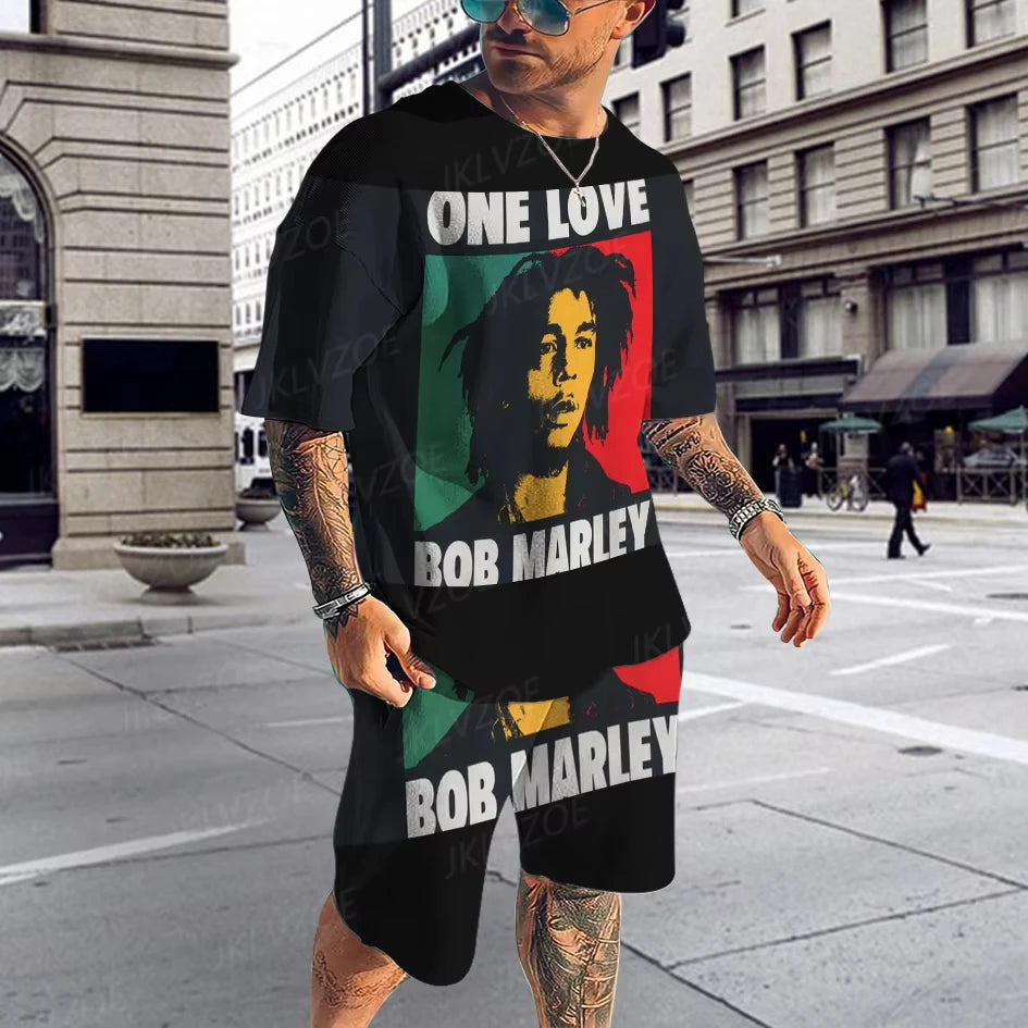 Hot Summer Men's Clothing 3d Printed Men's Bob Marley Printed Short Sleeve Shorts Two-Piece Man Casual Fashion Short Sleeve Suit