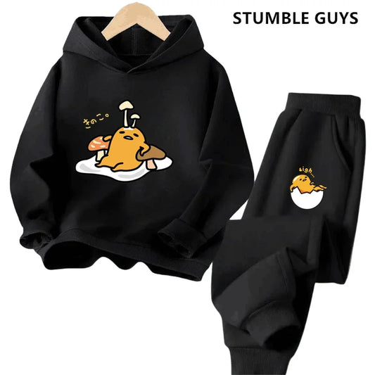 Gudetama Trucksuit Cartoon Boys and Girls 3-14 Years Old Kawaii Street Casual Sweatshirt Children's Outdoor Sports Hoodie Set