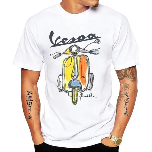 Ny sommer Kortærmet mænds retro klassisk Vespa Italien Scooter T-shirt med kunsttryk Hip Hop dreng Casual Hvide toppe Vintage Man Tees