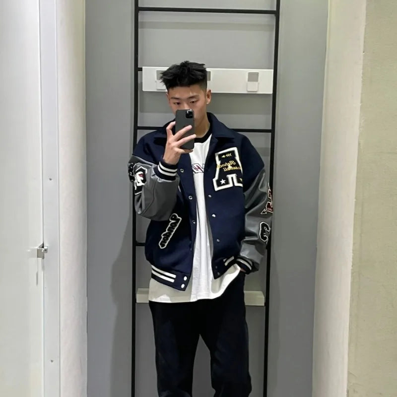 Men's Navy Blue Short Baseball Jacket Spring Autumn Embroidery Single Breasted Long Sleeves Turndown Collar Jackets Coat