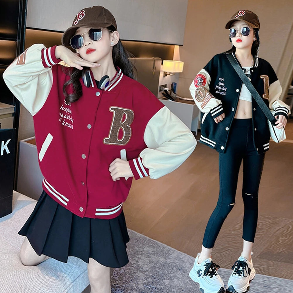 Spring Fall New Girls Baseball Jacket Fashion Splicing Teen Kids Outerwear Loose Casual School Children Clothing 10 12 14 Years